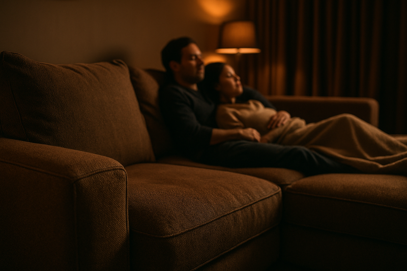 a couple lying down on a large cinema sofa with medium firm cushions, ready to watch a movie with the lights dimmed down, concentrate on the cushion and the comfort, not on faces